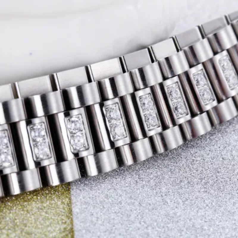 15mm Watch Band Style Link Bracelet | Stainless Steel Men's Wristband with Cubic Zirconia Stones