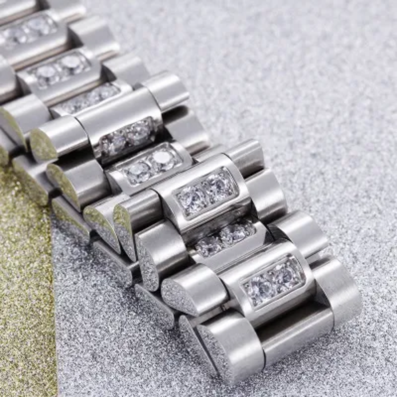 15mm Watch Band Style Link Bracelet | Stainless Steel Men's Wristband with Cubic Zirconia Stones