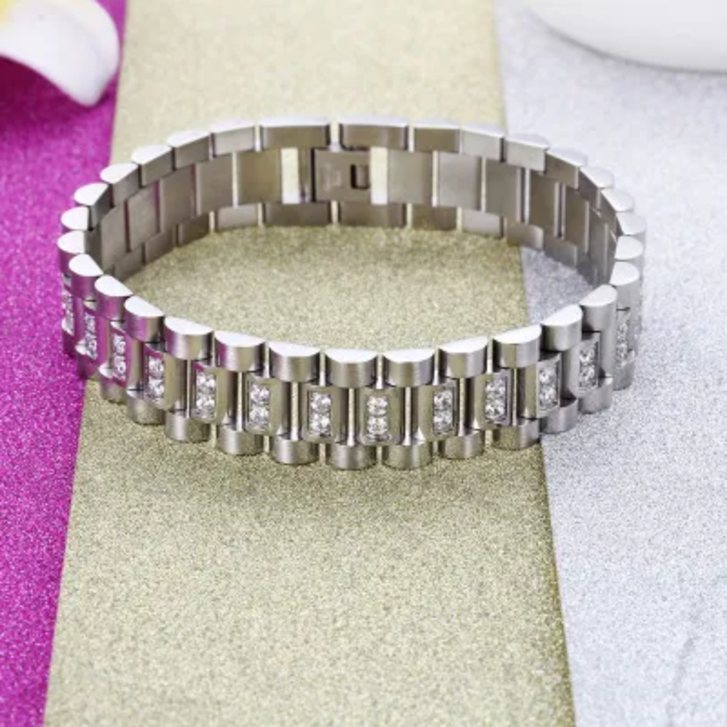 15mm Watch Band Style Link Bracelet | Stainless Steel Men's Wristband with Cubic Zirconia Stones