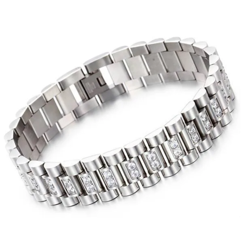 15mm Watch Band Style Link Bracelet | Stainless Steel Men's Wristband with Cubic Zirconia Stones