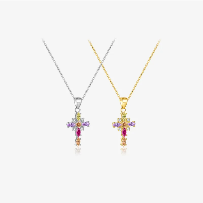 925 Sterling Silver Colorful Zircon Cross Pendant Necklace | Gold & Silver Cable Chain