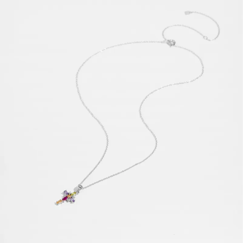 925 Sterling Silver Colorful Zircon Cross Pendant Necklace | Gold & Silver Cable Chain