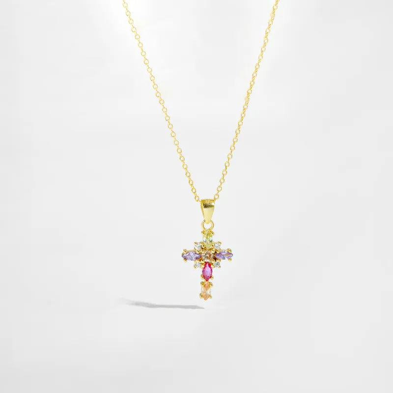 925 Sterling Silver Colorful Zircon Cross Pendant Necklace | Gold & Silver Cable Chain