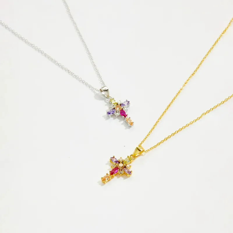 925 Sterling Silver Colorful Zircon Cross Pendant Necklace | Gold & Silver Cable Chain