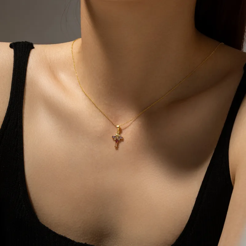 925 Sterling Silver Colorful Zircon Cross Pendant Necklace | Gold & Silver Cable Chain