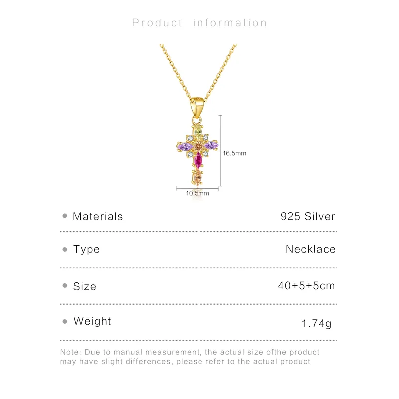 925 Sterling Silver Colorful Zircon Cross Pendant Necklace | Gold & Silver Cable Chain