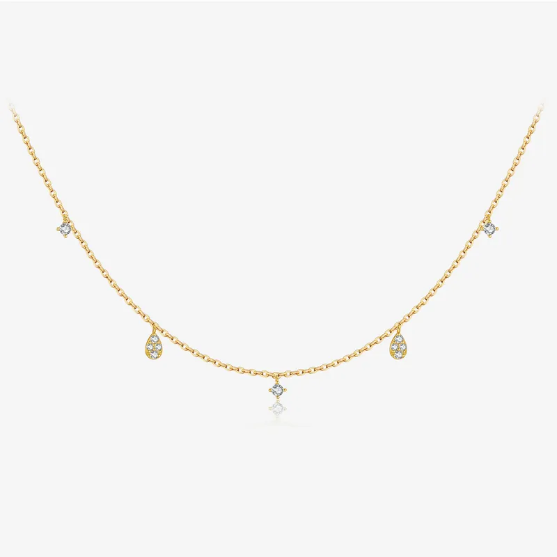 925 Sterling Silver Cubic Zirconia Drop Station Necklace | Dainty Cable Chain with Teardrop Accents