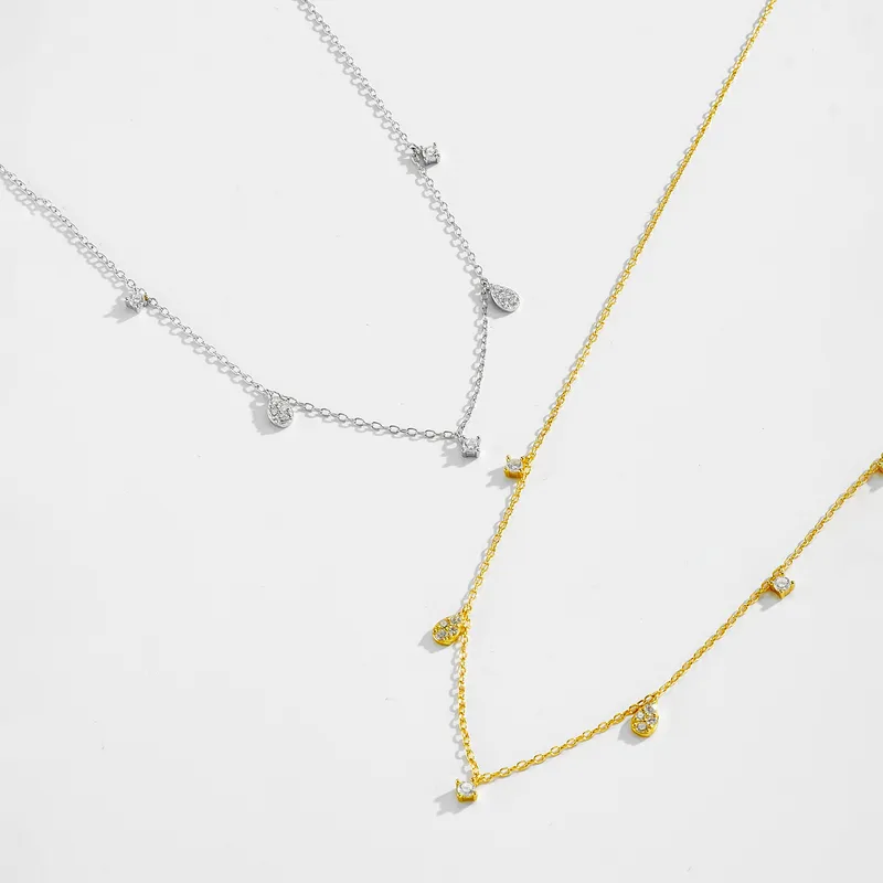 925 Sterling Silver Cubic Zirconia Drop Station Necklace | Dainty Cable Chain with Teardrop Accents