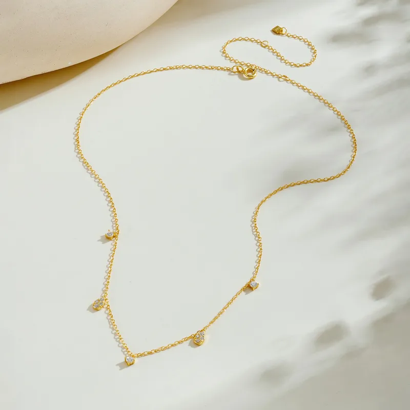 925 Sterling Silver Cubic Zirconia Drop Station Necklace | Dainty Cable Chain with Teardrop Accents
