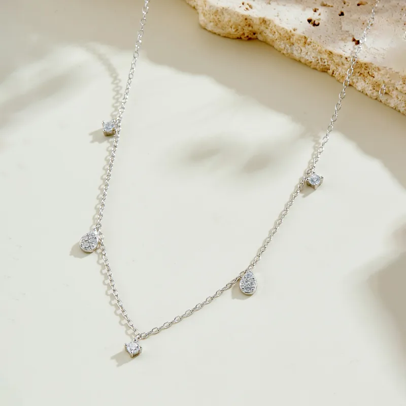 925 Sterling Silver Cubic Zirconia Drop Station Necklace | Dainty Cable Chain with Teardrop Accents
