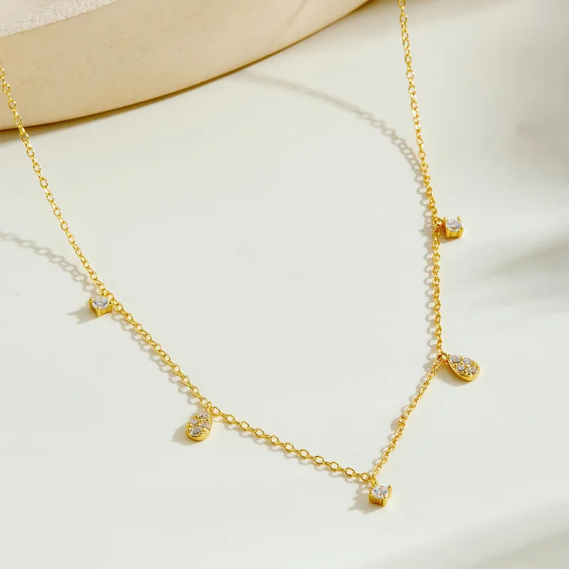 925 Sterling Silver Cubic Zirconia Drop Station Necklace | Dainty Cable Chain with Teardrop Accents