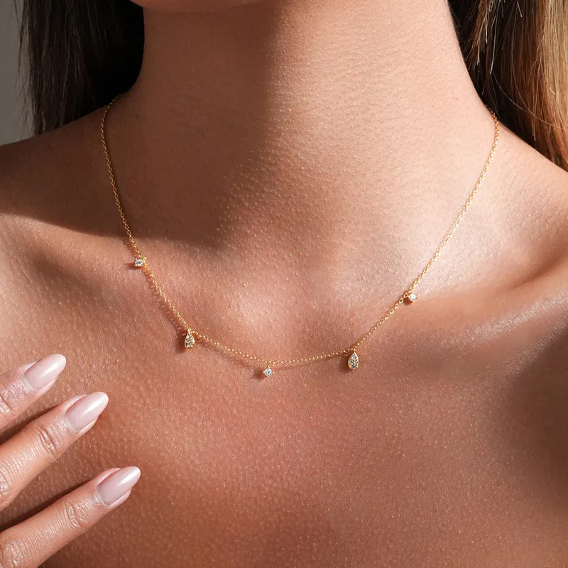 925 Sterling Silver Cubic Zirconia Drop Station Necklace | Dainty Cable Chain with Teardrop Accents