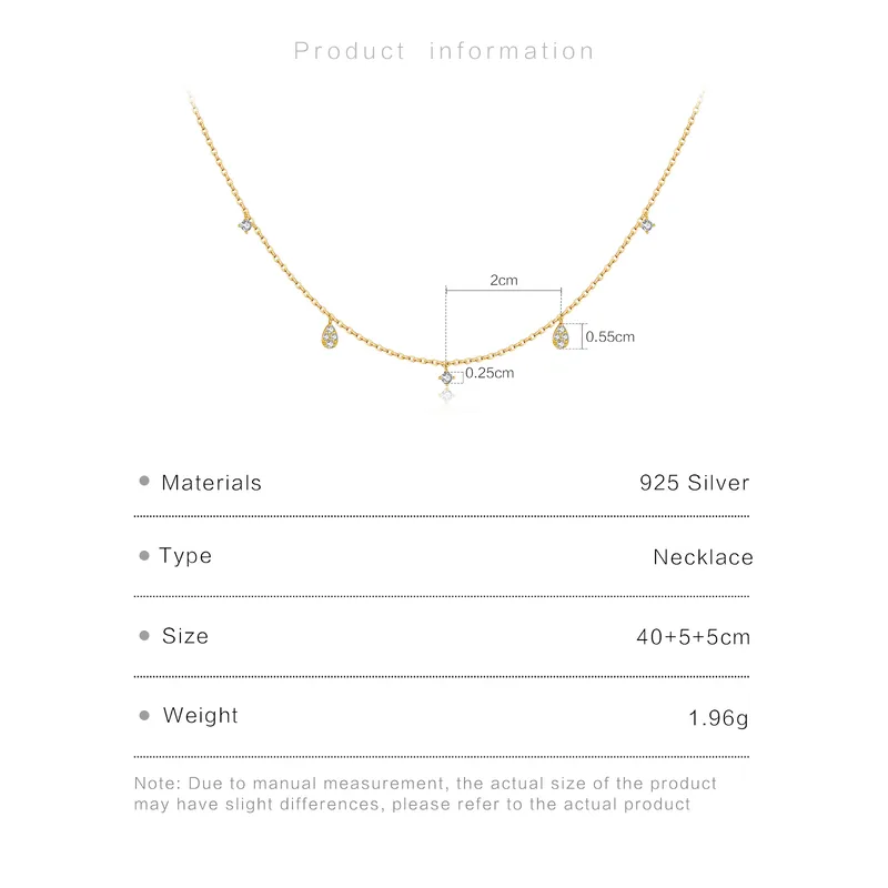 925 Sterling Silver Cubic Zirconia Drop Station Necklace | Dainty Cable Chain with Teardrop Accents