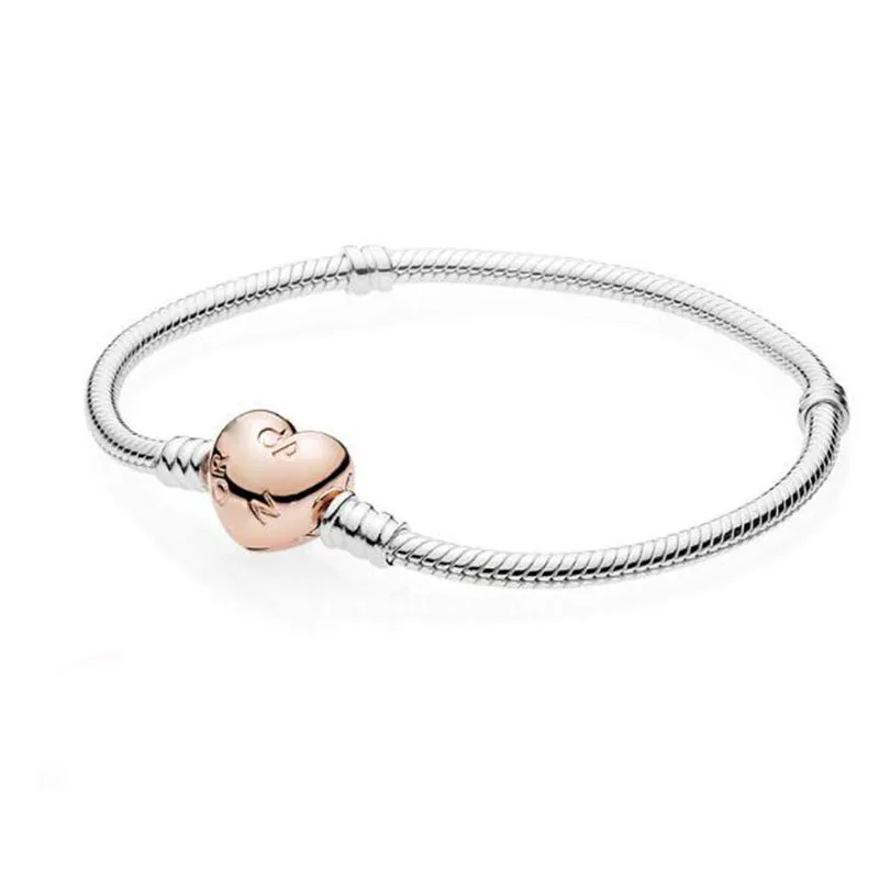 925 Sterling Silver Heart Clasp Snake Chain Charm Bracelet | Sparkle & Emblem Collection
