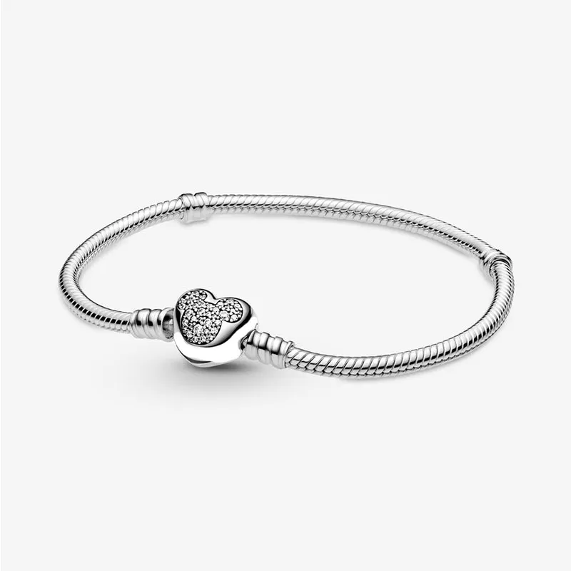 925 Sterling Silver Heart Clasp Snake Chain Charm Bracelet | Sparkle & Emblem Collection