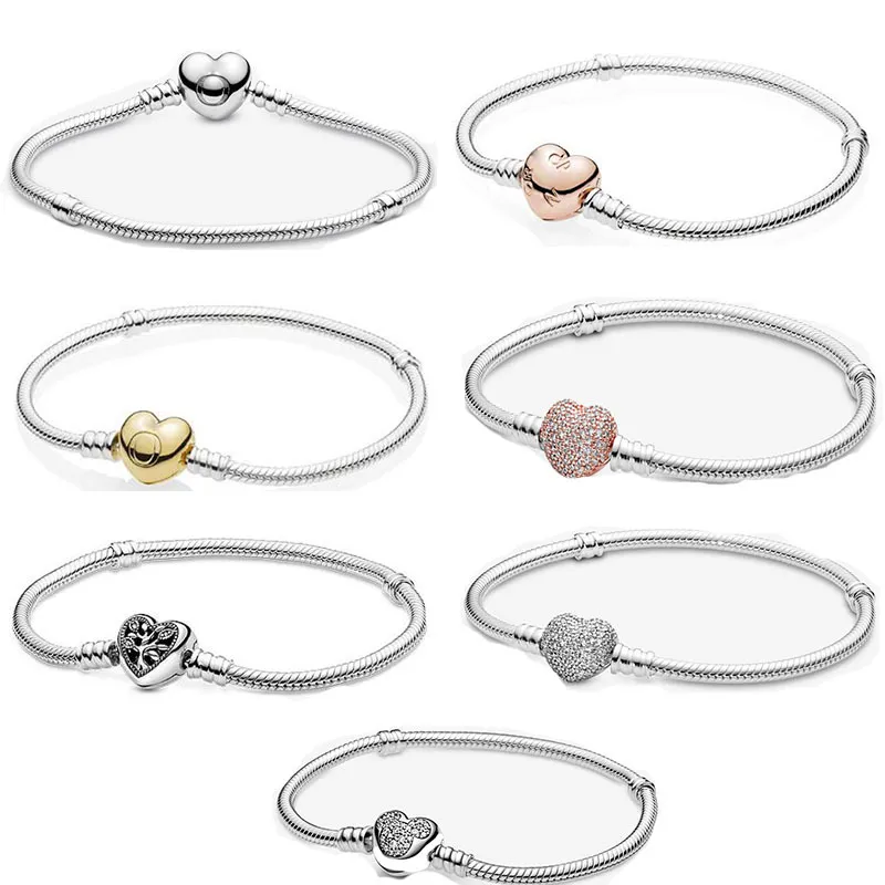 925 Sterling Silver Heart Clasp Snake Chain Charm Bracelet | Sparkle & Emblem Collection