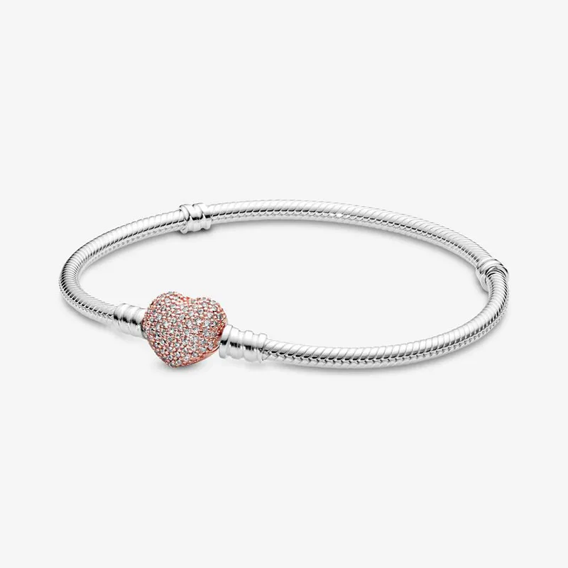925 Sterling Silver Heart Clasp Snake Chain Charm Bracelet | Sparkle & Emblem Collection