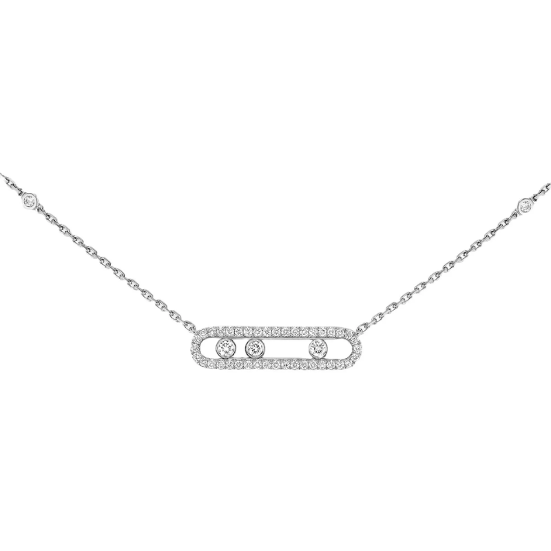 925 Sterling Silver Three Stone Sliding Bar Pendant Necklace | Pave Cubic Zirconia Geometric Chain