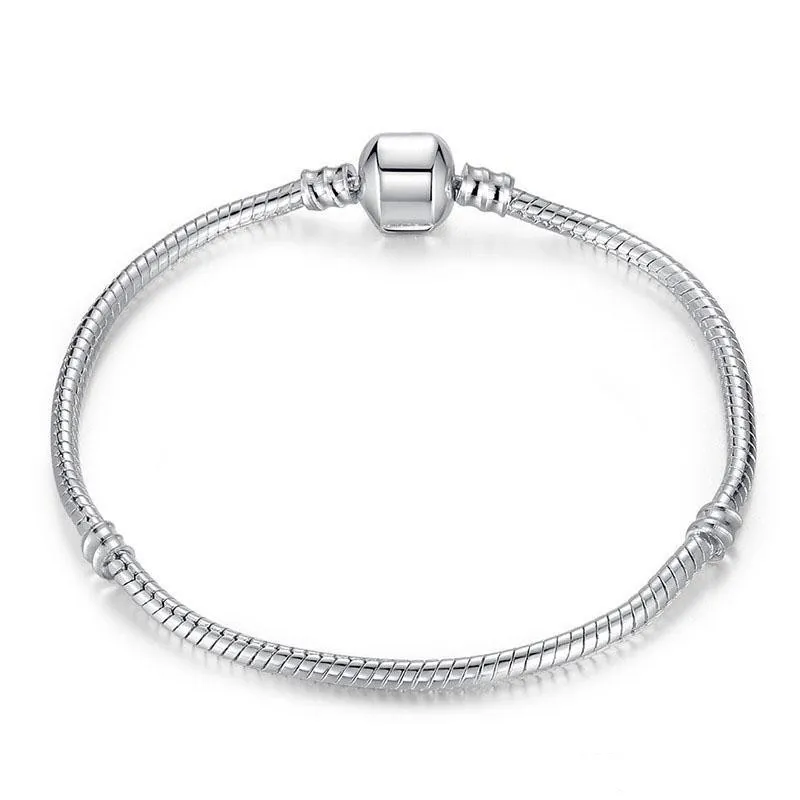 Classic Snake Chain Charm Bracelet | Sterling Silver Barrel Clasp Base Wristband