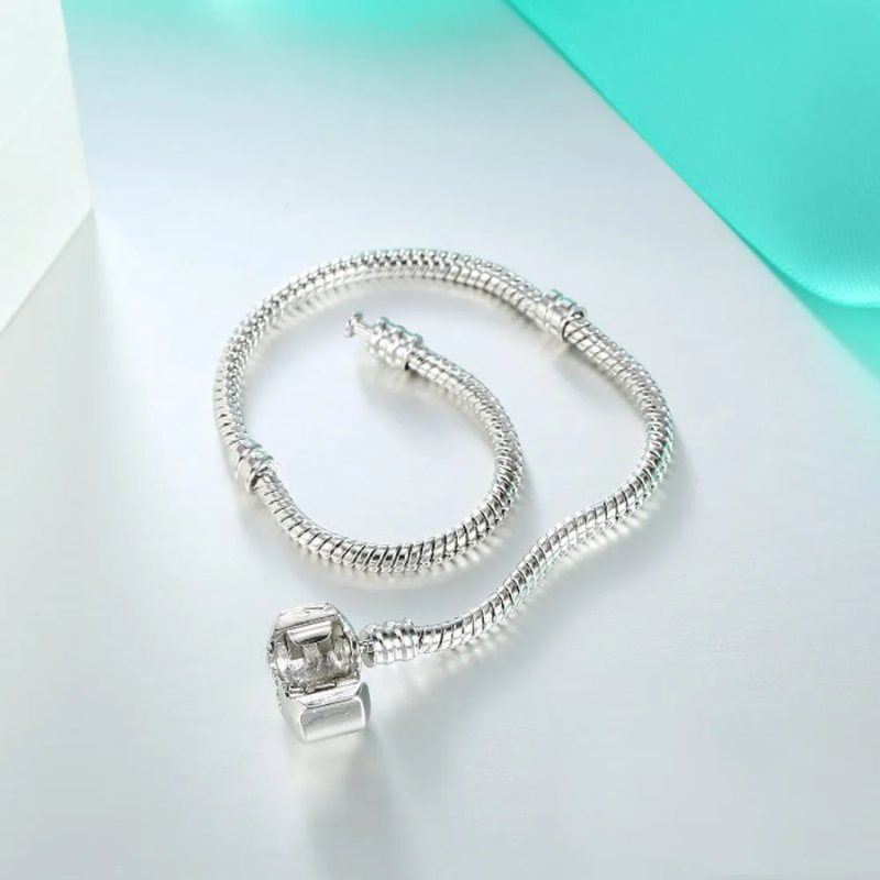 Classic Snake Chain Charm Bracelet | Sterling Silver Barrel Clasp Base Wristband