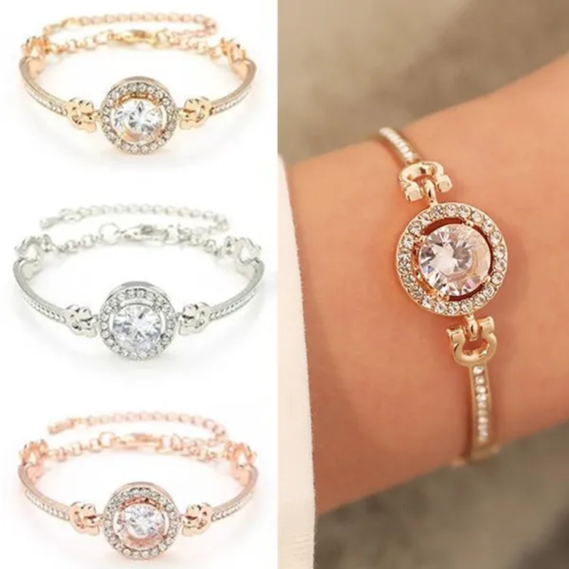 Elegant Sparkle Halo Charm Bracelet – Round Cut Crystal Solitaire Bangle for Women