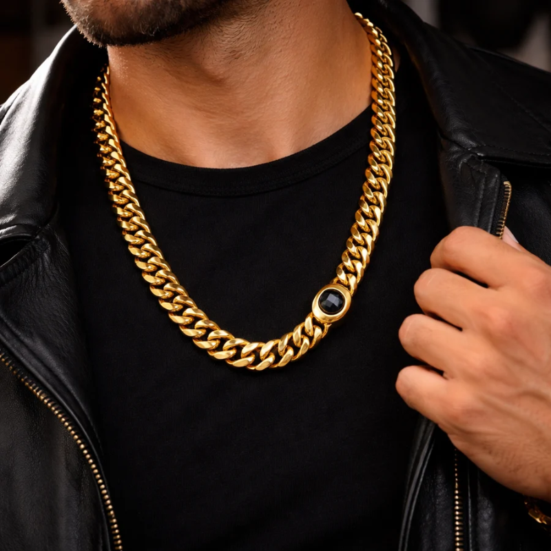 Men's 18K Gold Miami Cuban Link Chain | 12mm x 22" Black CZ Stone Clasp