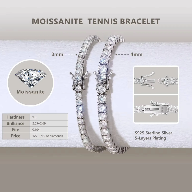 Moissanite Tennis Bracelet in 925 Sterling Silver – 2mm 3mm 4mm GRA Certified Unisex Chain