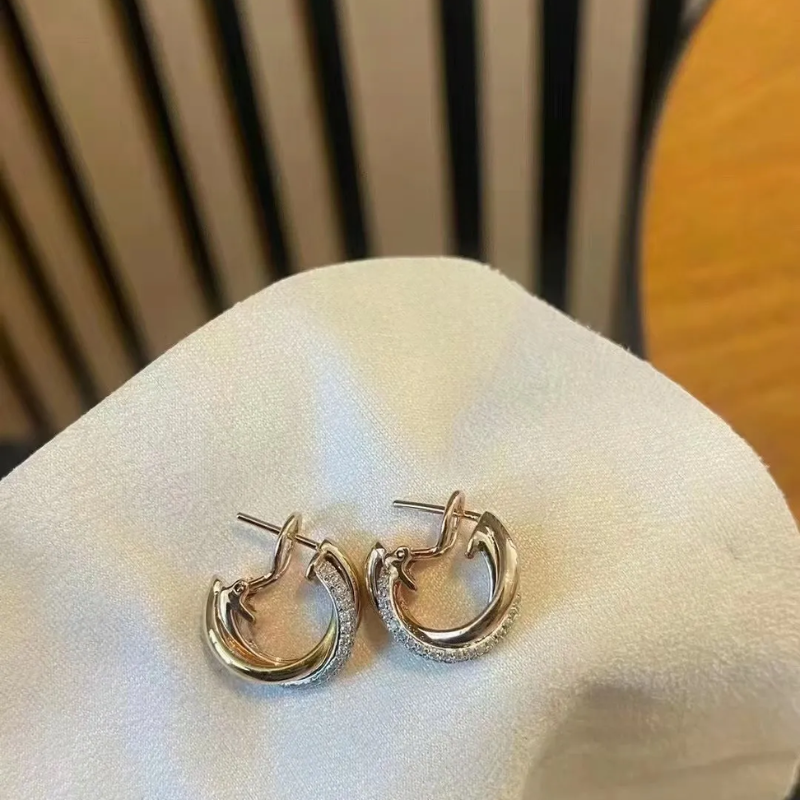 Three-Ring Interlocking Hoop Earrings | Tri-Tone & Cubic Zirconia Huggie Earrings for Women