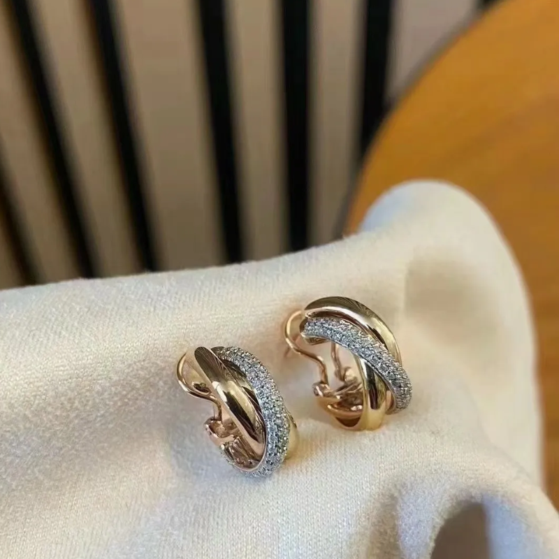Three-Ring Interlocking Hoop Earrings | Tri-Tone & Cubic Zirconia Huggie Earrings for Women