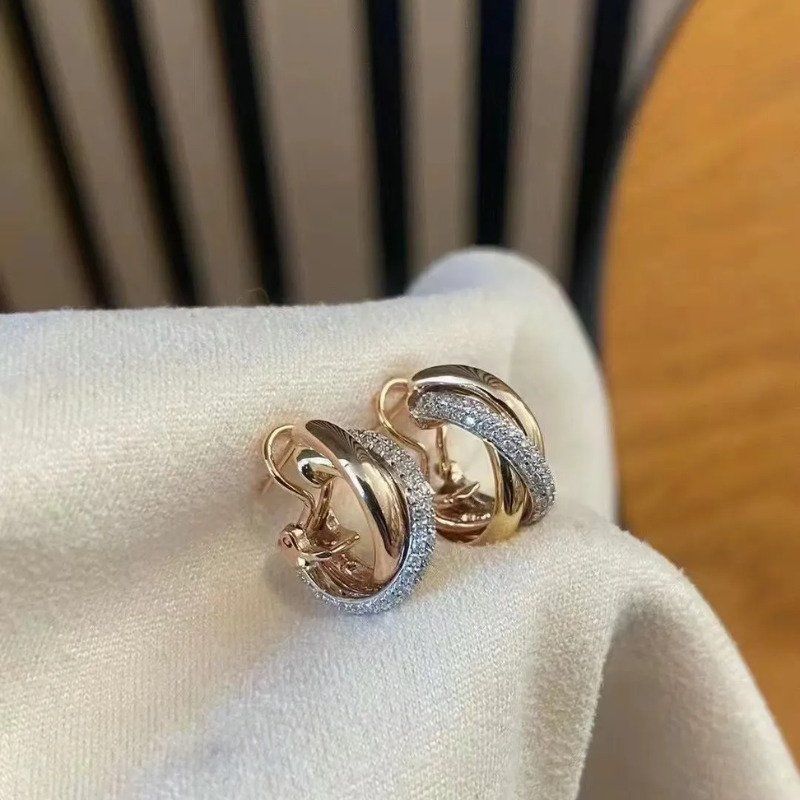 Three-Ring Interlocking Hoop Earrings | Tri-Tone & Cubic Zirconia Huggie Earrings for Women